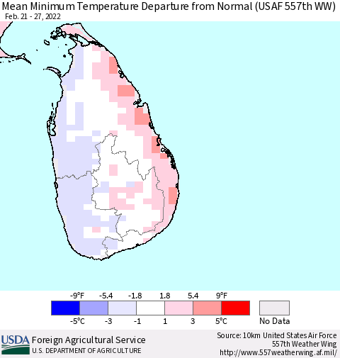 Sri Lanka Mean Minimum Temperature Departure from Normal (USAF 557th WW) Thematic Map For 2/21/2022 - 2/27/2022
