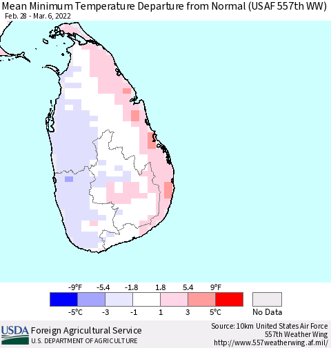 Sri Lanka Mean Minimum Temperature Departure from Normal (USAF 557th WW) Thematic Map For 2/28/2022 - 3/6/2022