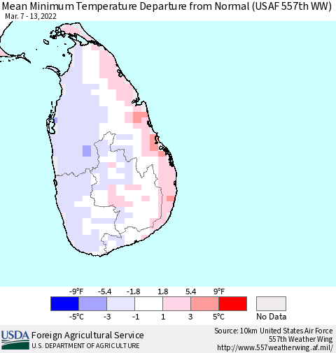 Sri Lanka Mean Minimum Temperature Departure from Normal (USAF 557th WW) Thematic Map For 3/7/2022 - 3/13/2022