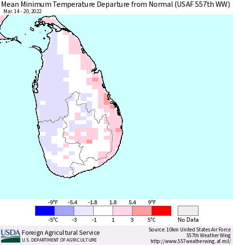 Sri Lanka Mean Minimum Temperature Departure from Normal (USAF 557th WW) Thematic Map For 3/14/2022 - 3/20/2022