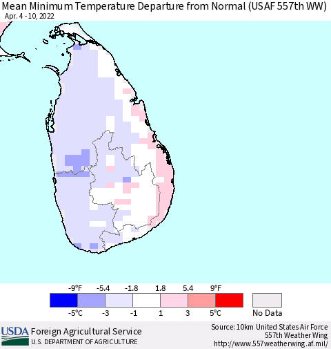 Sri Lanka Mean Minimum Temperature Departure from Normal (USAF 557th WW) Thematic Map For 4/4/2022 - 4/10/2022