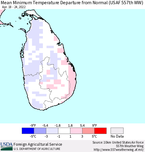 Sri Lanka Mean Minimum Temperature Departure from Normal (USAF 557th WW) Thematic Map For 4/18/2022 - 4/24/2022