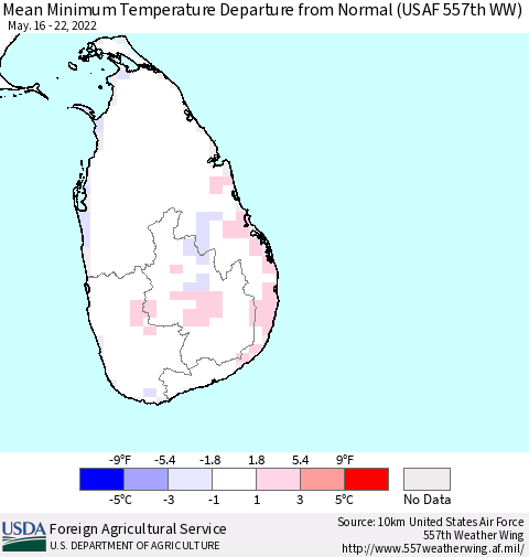 Sri Lanka Minimum Temperature Departure From Normal (USAF 557th WW) Thematic Map For 5/16/2022 - 5/22/2022