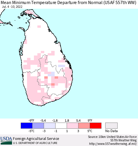 Sri Lanka Minimum Temperature Departure From Normal (USAF 557th WW) Thematic Map For 7/4/2022 - 7/10/2022