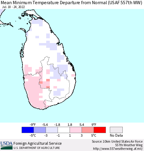 Sri Lanka Minimum Temperature Departure From Normal (USAF 557th WW) Thematic Map For 7/18/2022 - 7/24/2022