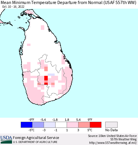 Sri Lanka Mean Minimum Temperature Departure from Normal (USAF 557th WW) Thematic Map For 10/10/2022 - 10/16/2022