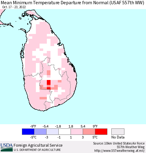 Sri Lanka Mean Minimum Temperature Departure from Normal (USAF 557th WW) Thematic Map For 10/17/2022 - 10/23/2022