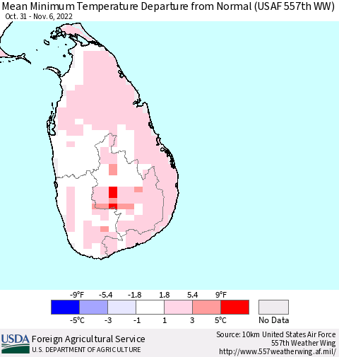 Sri Lanka Mean Minimum Temperature Departure from Normal (USAF 557th WW) Thematic Map For 10/31/2022 - 11/6/2022