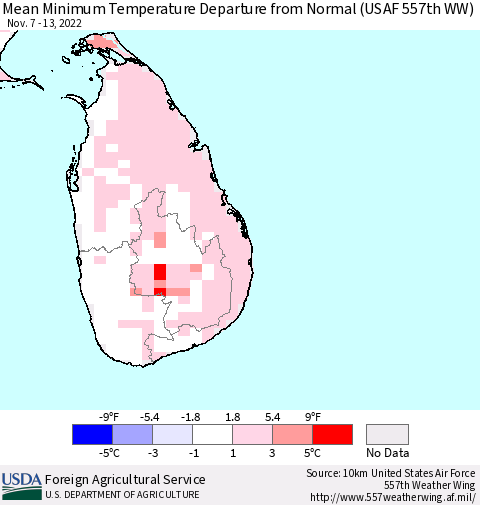 Sri Lanka Mean Minimum Temperature Departure from Normal (USAF 557th WW) Thematic Map For 11/7/2022 - 11/13/2022
