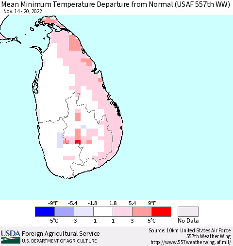 Sri Lanka Mean Minimum Temperature Departure from Normal (USAF 557th WW) Thematic Map For 11/14/2022 - 11/20/2022