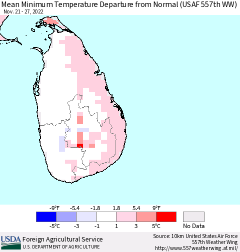 Sri Lanka Mean Minimum Temperature Departure from Normal (USAF 557th WW) Thematic Map For 11/21/2022 - 11/27/2022