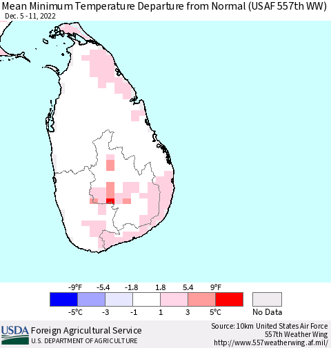 Sri Lanka Mean Minimum Temperature Departure from Normal (USAF 557th WW) Thematic Map For 12/5/2022 - 12/11/2022
