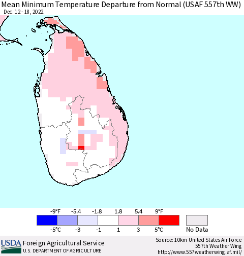 Sri Lanka Mean Minimum Temperature Departure from Normal (USAF 557th WW) Thematic Map For 12/12/2022 - 12/18/2022