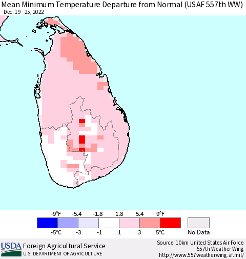 Sri Lanka Mean Minimum Temperature Departure from Normal (USAF 557th WW) Thematic Map For 12/19/2022 - 12/25/2022