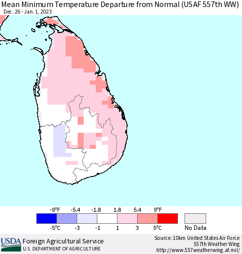 Sri Lanka Mean Minimum Temperature Departure from Normal (USAF 557th WW) Thematic Map For 12/26/2022 - 1/1/2023