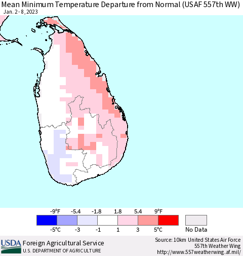 Sri Lanka Mean Minimum Temperature Departure from Normal (USAF 557th WW) Thematic Map For 1/2/2023 - 1/8/2023