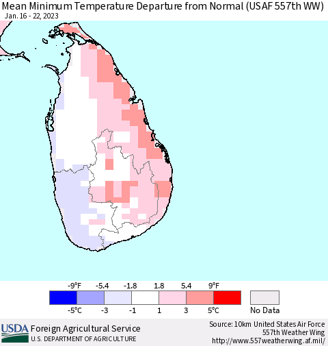 Sri Lanka Mean Minimum Temperature Departure from Normal (USAF 557th WW) Thematic Map For 1/16/2023 - 1/22/2023