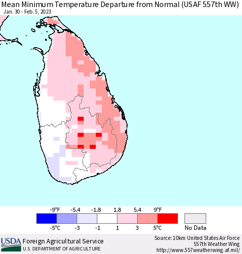 Sri Lanka Mean Minimum Temperature Departure from Normal (USAF 557th WW) Thematic Map For 1/30/2023 - 2/5/2023