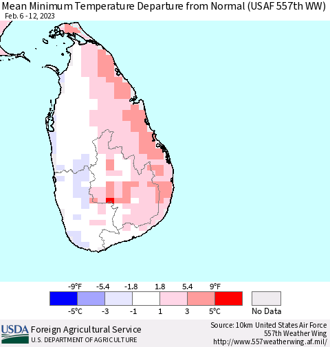 Sri Lanka Mean Minimum Temperature Departure from Normal (USAF 557th WW) Thematic Map For 2/6/2023 - 2/12/2023