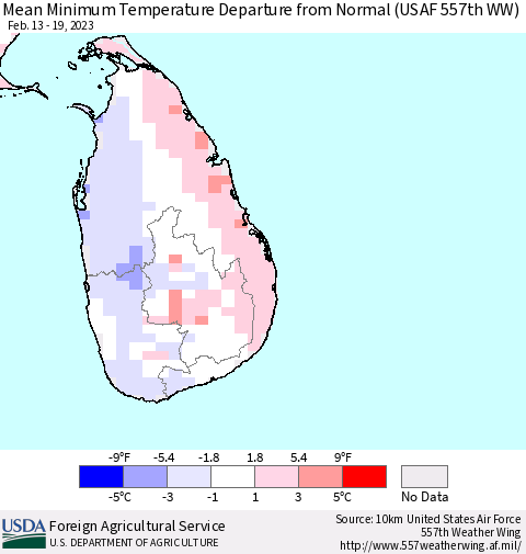 Sri Lanka Mean Minimum Temperature Departure from Normal (USAF 557th WW) Thematic Map For 2/13/2023 - 2/19/2023