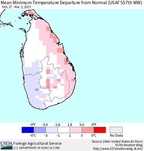 Sri Lanka Mean Minimum Temperature Departure from Normal (USAF 557th WW) Thematic Map For 2/27/2023 - 3/5/2023
