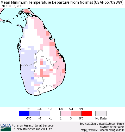 Sri Lanka Mean Minimum Temperature Departure from Normal (USAF 557th WW) Thematic Map For 3/13/2023 - 3/19/2023