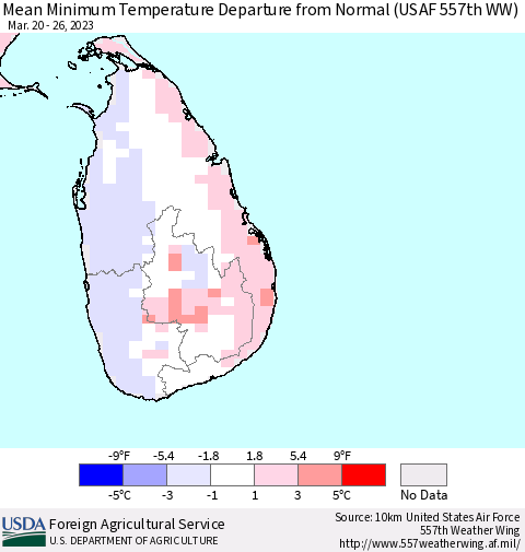 Sri Lanka Mean Minimum Temperature Departure from Normal (USAF 557th WW) Thematic Map For 3/20/2023 - 3/26/2023