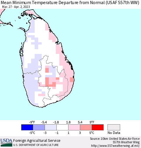 Sri Lanka Mean Minimum Temperature Departure from Normal (USAF 557th WW) Thematic Map For 3/27/2023 - 4/2/2023