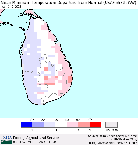 Sri Lanka Mean Minimum Temperature Departure from Normal (USAF 557th WW) Thematic Map For 4/3/2023 - 4/9/2023