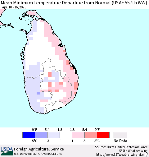 Sri Lanka Mean Minimum Temperature Departure from Normal (USAF 557th WW) Thematic Map For 4/10/2023 - 4/16/2023