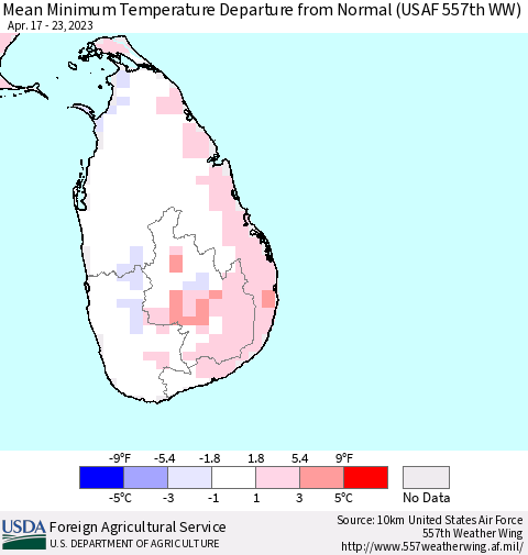 Sri Lanka Mean Minimum Temperature Departure from Normal (USAF 557th WW) Thematic Map For 4/17/2023 - 4/23/2023