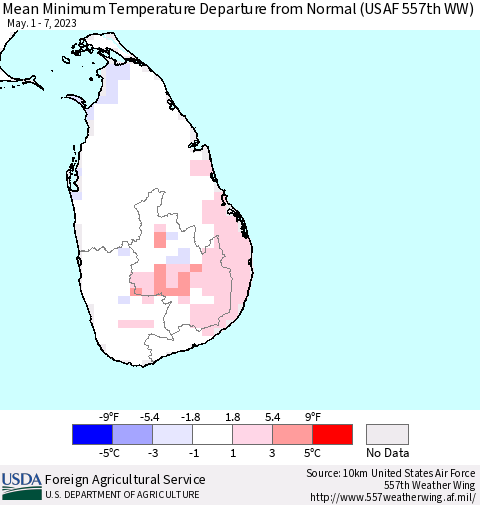 Sri Lanka Mean Minimum Temperature Departure from Normal (USAF 557th WW) Thematic Map For 5/1/2023 - 5/7/2023