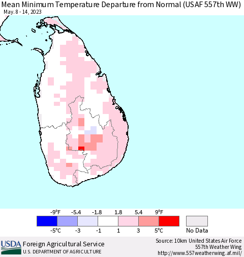 Sri Lanka Mean Minimum Temperature Departure from Normal (USAF 557th WW) Thematic Map For 5/8/2023 - 5/14/2023