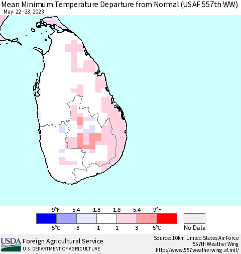 Sri Lanka Mean Minimum Temperature Departure from Normal (USAF 557th WW) Thematic Map For 5/22/2023 - 5/28/2023