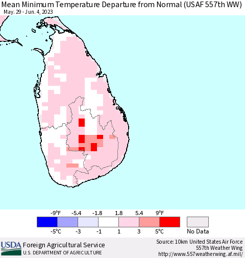 Sri Lanka Mean Minimum Temperature Departure from Normal (USAF 557th WW) Thematic Map For 5/29/2023 - 6/4/2023