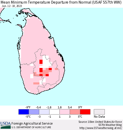 Sri Lanka Mean Minimum Temperature Departure from Normal (USAF 557th WW) Thematic Map For 6/12/2023 - 6/18/2023