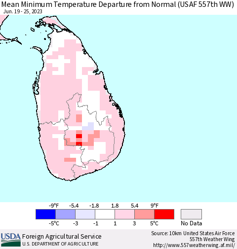 Sri Lanka Mean Minimum Temperature Departure from Normal (USAF 557th WW) Thematic Map For 6/19/2023 - 6/25/2023