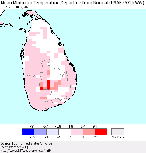 Sri Lanka Mean Minimum Temperature Departure from Normal (USAF 557th WW) Thematic Map For 6/26/2023 - 7/2/2023