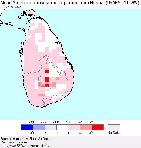 Sri Lanka Mean Minimum Temperature Departure from Normal (USAF 557th WW) Thematic Map For 7/3/2023 - 7/9/2023