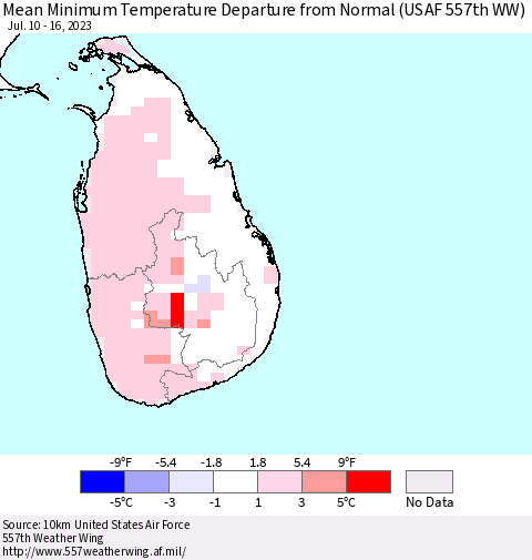 Sri Lanka Mean Minimum Temperature Departure from Normal (USAF 557th WW) Thematic Map For 7/10/2023 - 7/16/2023