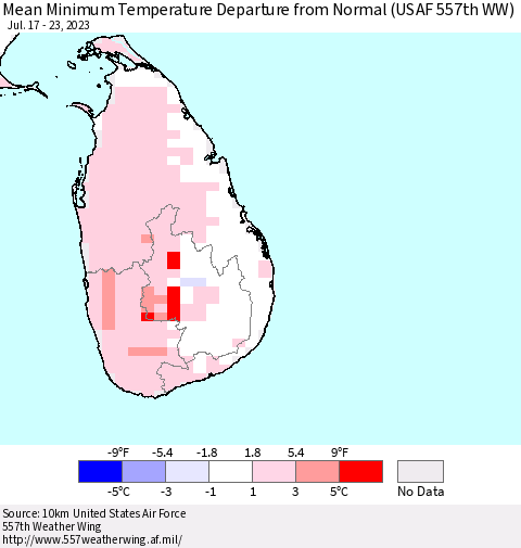 Sri Lanka Mean Minimum Temperature Departure from Normal (USAF 557th WW) Thematic Map For 7/17/2023 - 7/23/2023