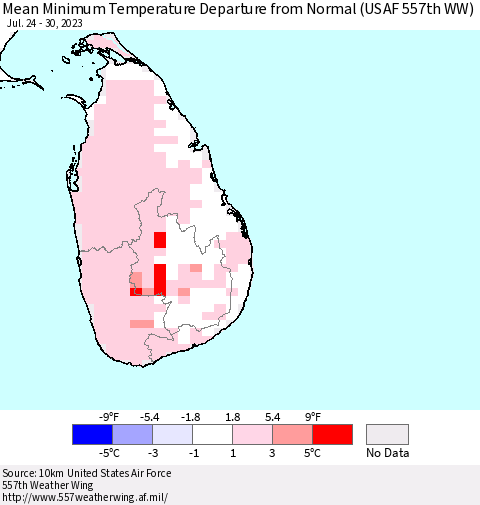Sri Lanka Mean Minimum Temperature Departure from Normal (USAF 557th WW) Thematic Map For 7/24/2023 - 7/30/2023