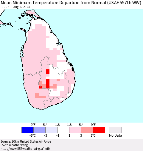 Sri Lanka Mean Minimum Temperature Departure from Normal (USAF 557th WW) Thematic Map For 7/31/2023 - 8/6/2023