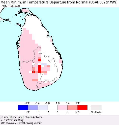 Sri Lanka Mean Minimum Temperature Departure from Normal (USAF 557th WW) Thematic Map For 8/7/2023 - 8/13/2023