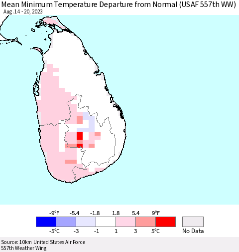 Sri Lanka Mean Minimum Temperature Departure from Normal (USAF 557th WW) Thematic Map For 8/14/2023 - 8/20/2023
