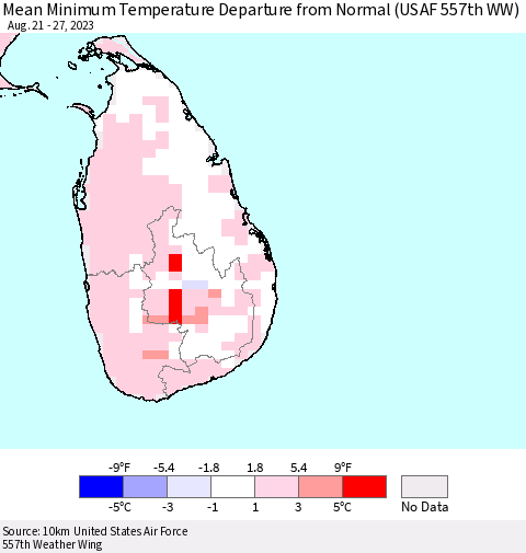 Sri Lanka Mean Minimum Temperature Departure from Normal (USAF 557th WW) Thematic Map For 8/21/2023 - 8/27/2023