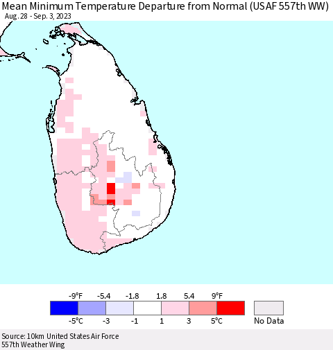 Sri Lanka Mean Minimum Temperature Departure from Normal (USAF 557th WW) Thematic Map For 8/28/2023 - 9/3/2023