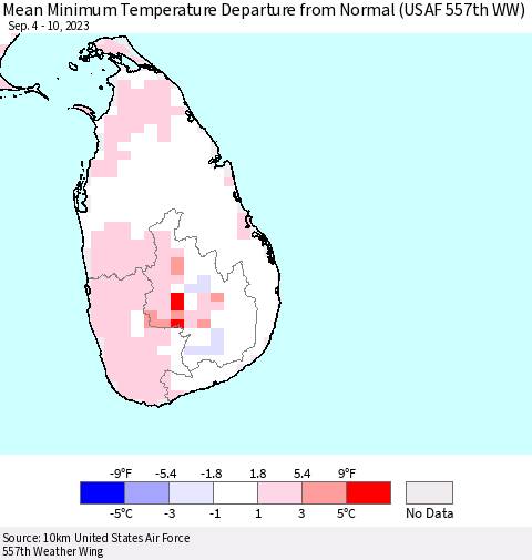 Sri Lanka Mean Minimum Temperature Departure from Normal (USAF 557th WW) Thematic Map For 9/4/2023 - 9/10/2023