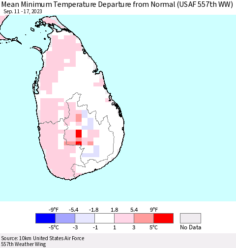 Sri Lanka Mean Minimum Temperature Departure from Normal (USAF 557th WW) Thematic Map For 9/11/2023 - 9/17/2023