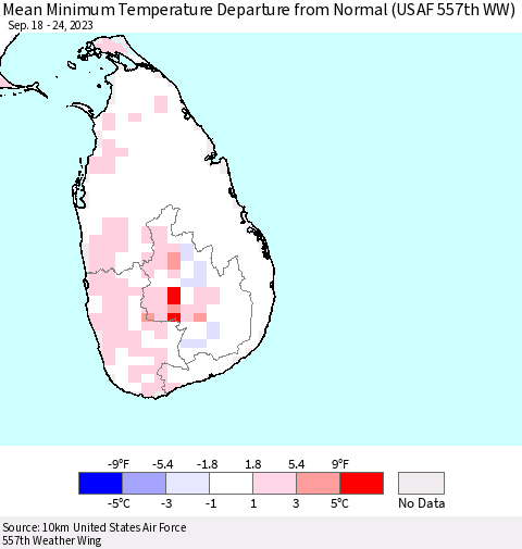 Sri Lanka Mean Minimum Temperature Departure from Normal (USAF 557th WW) Thematic Map For 9/18/2023 - 9/24/2023